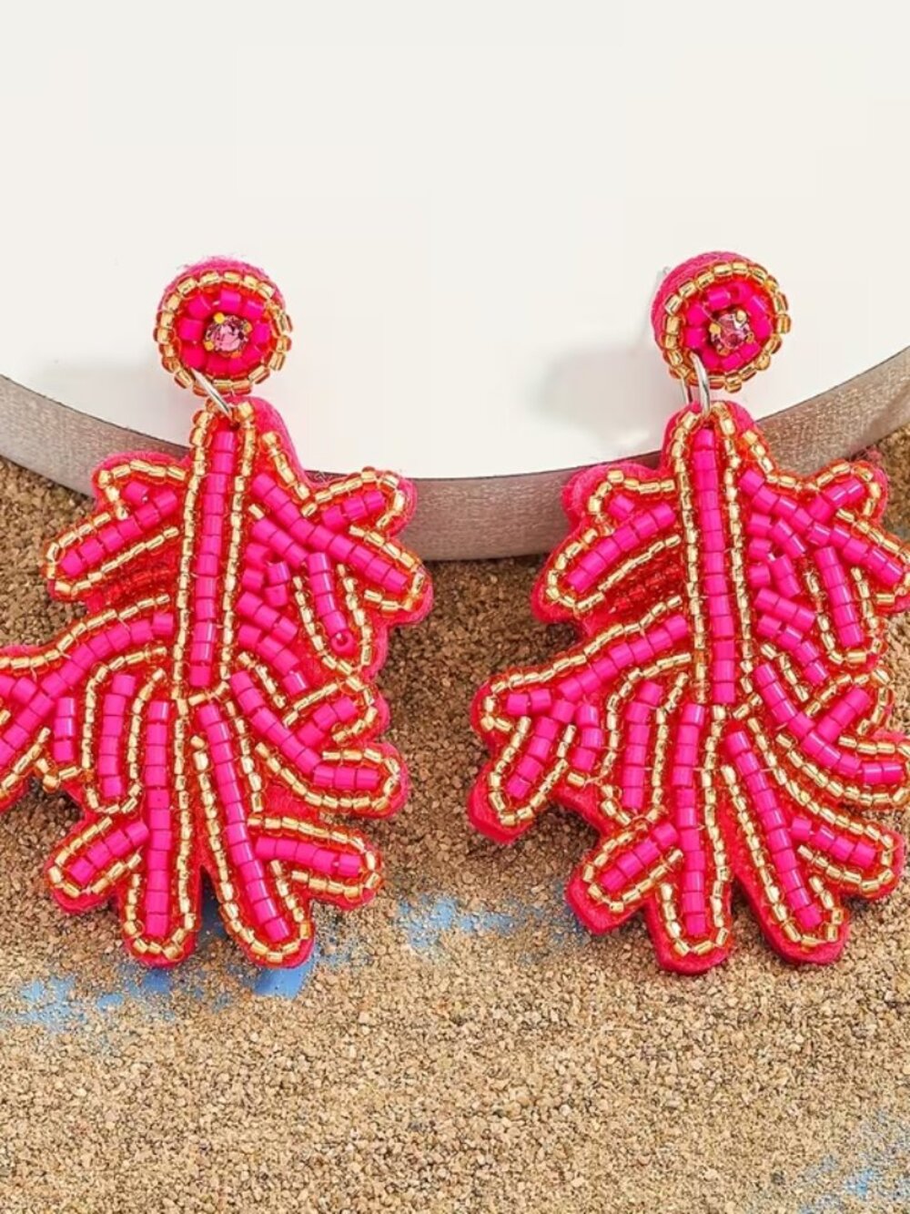Hot Pink & Gold Large Coral Beaded Dangle Statement Earrings (NEW & SO CUTE!)